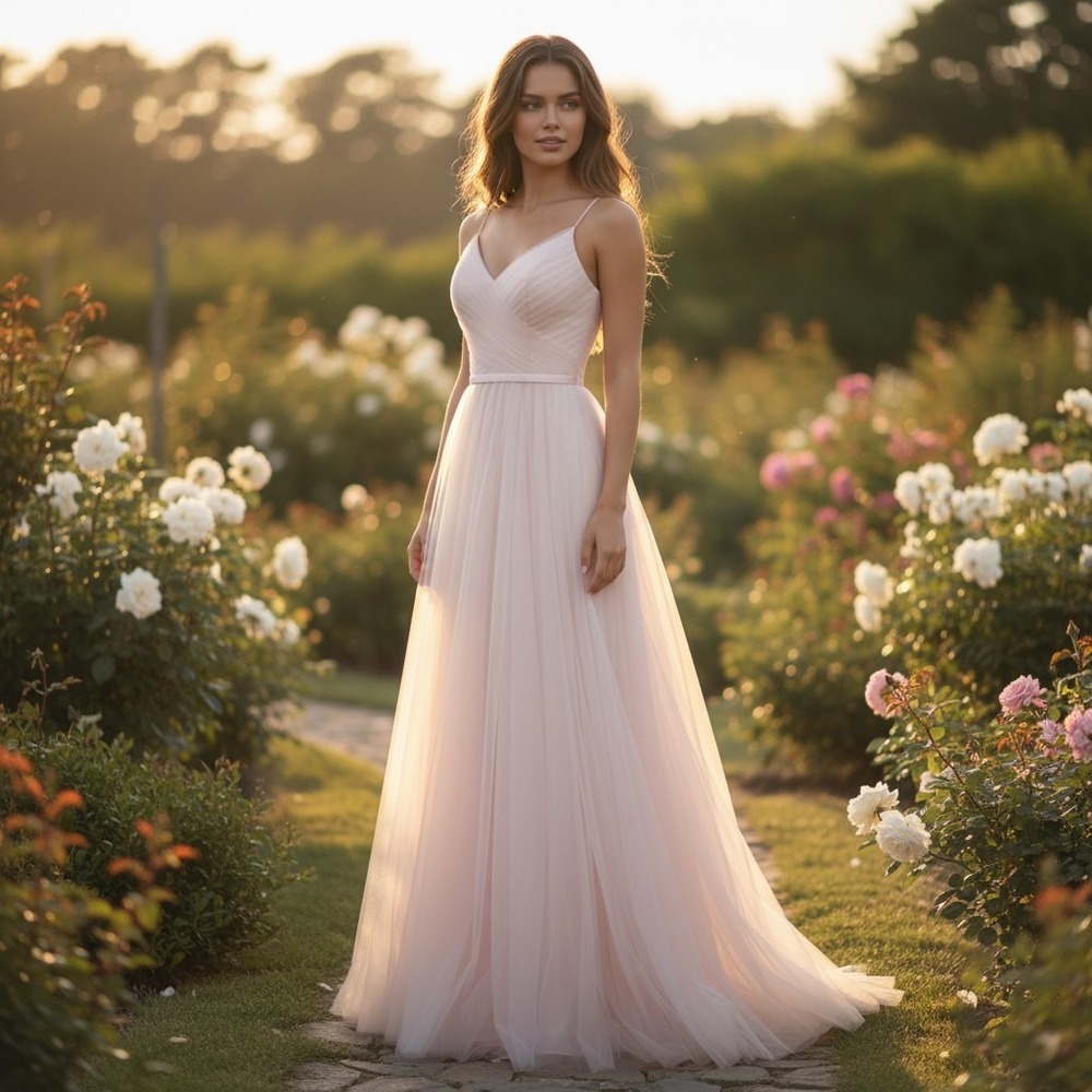 BHLDN Blush Pink Tulle A-Line Gown Pleated V-Neck Maxi Dress Size 0 Formal Prom